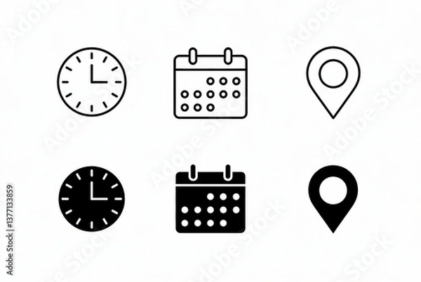 Fototapeta Minimalist icons of clocks, calendars, and location markers.