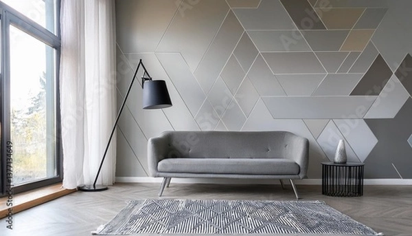Obraz Empty Silver Metallic Accents Wall Mockup in Modern Contemporary Interior with Abstract Metal Floor Lamp and a Geometric Rug. Natural Daylight From a Window. Promotion Background.