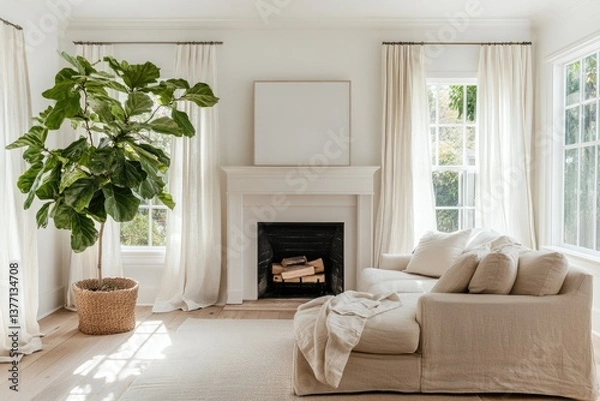 Fototapeta Modern, light-filled living room with a neutral color palette.  Large ficus plant, linen sofa, and fireplace create a cozy and inviting atmosphere.  Natural light streams through large windows
