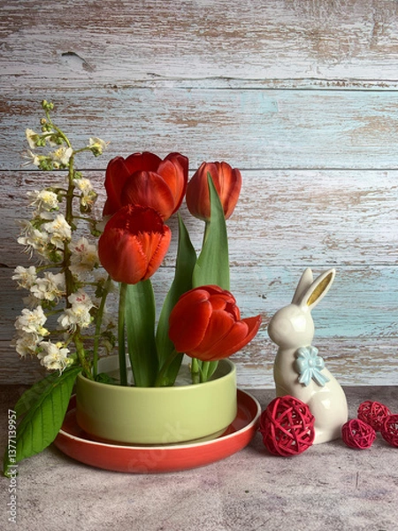 Fototapeta spring easter still life with hare, red tulips and blossoming chestnut
