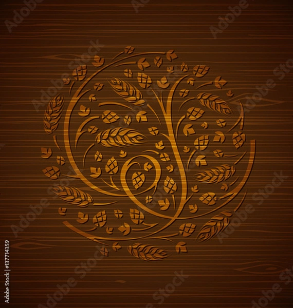 Obraz Vector floral ornament of hops and malt on a wooden background