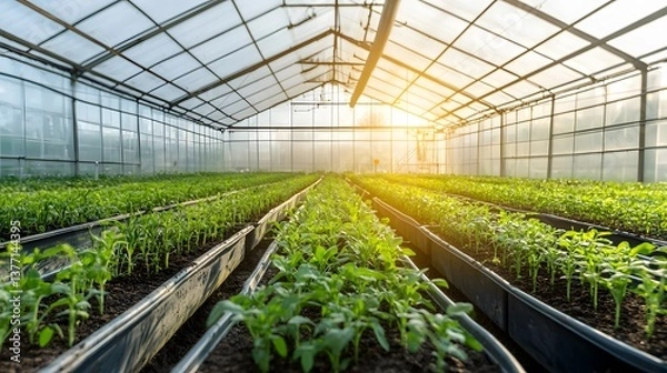 Fototapeta Spacious greenhouse filled with rows of plants grown using advanced irrigation and fertilization systems for efficient and sustainable precision farming