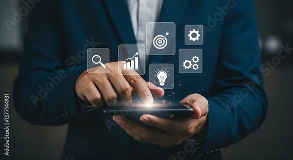 Fototapeta Businessman Using Digital Marketing Strategy App on Tablet: Business Growth, SEO, Analytics, and Automation Tools Concept