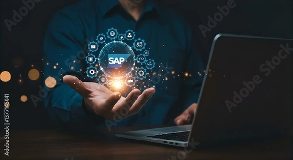 Fototapeta SAP Technology Solutions: Man Holding Digital SAP Logo with Laptop - Enterprise Resource Planning (ERP) Software for Business Automation