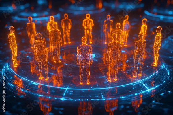 Fototapeta digital representation of interconnected figures in virtual space, showcasing metaverse connectivity and technology. glowing silhouettes symbolize interaction and collaboration