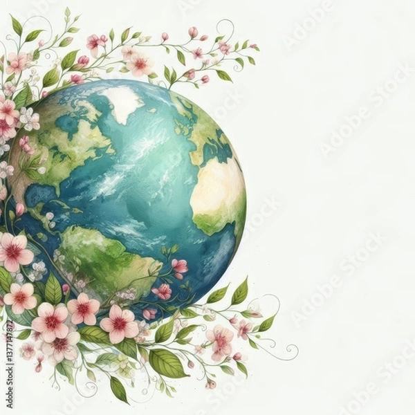 Fototapeta Elegant Earth Day card design: A beautifully detailed watercolor illustration of planet Earth half-covered with blooming flowers and delicate green vines, on a clean white background, space for text.