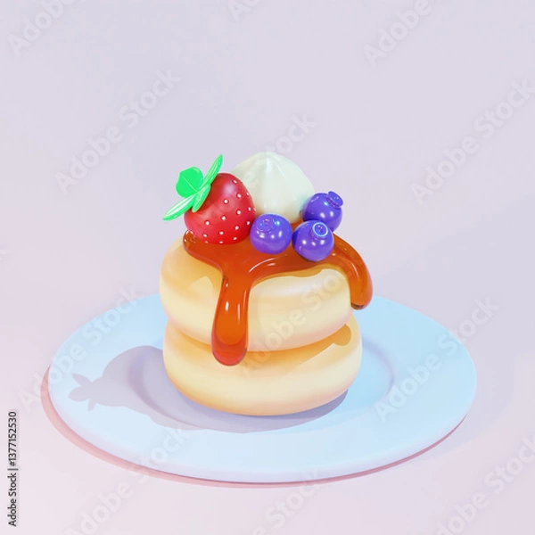 Fototapeta Delicious pancakes with berries, honey or maple syrup. Homemade pancakes and sweet syrup on blue plate and pink background. Image 3D rendering.