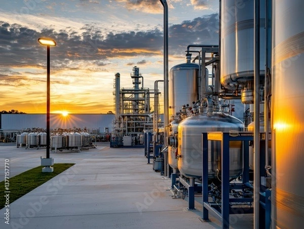 Fototapeta Modern propane processing plant at sunset with machinery storage tanks and business operations in the background. Sunset refinery silhouette.