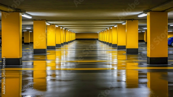Fototapeta Empty parking lot with wet floor reflecting bright yellow columns and lights after a recent rain