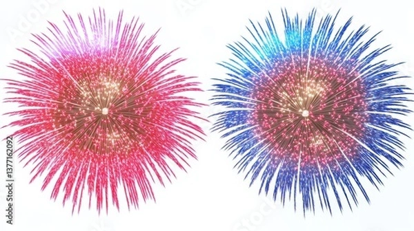 Fototapeta Two Exploding Fireworks in Pink and Blue