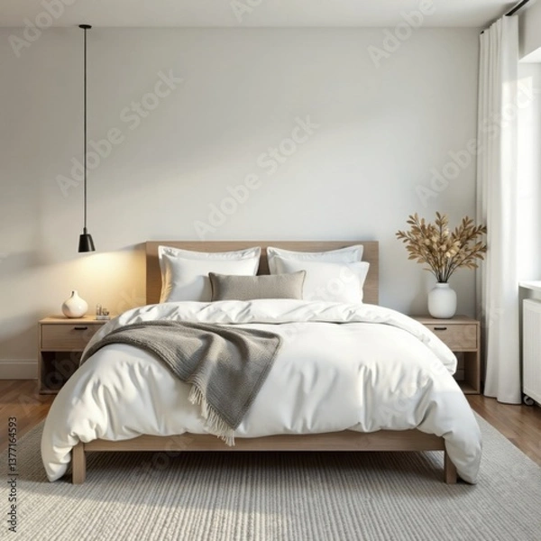 Fototapeta Softly lit Scandinavian bedroom featuring a large king-size bed with crisp white linens and decorative pillows, home, king size bed, cozy
