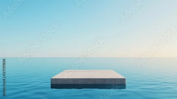 Obraz Concrete floating platform in calm ocean water surrounded by lush greenery creating a serene and tranquil atmosphere