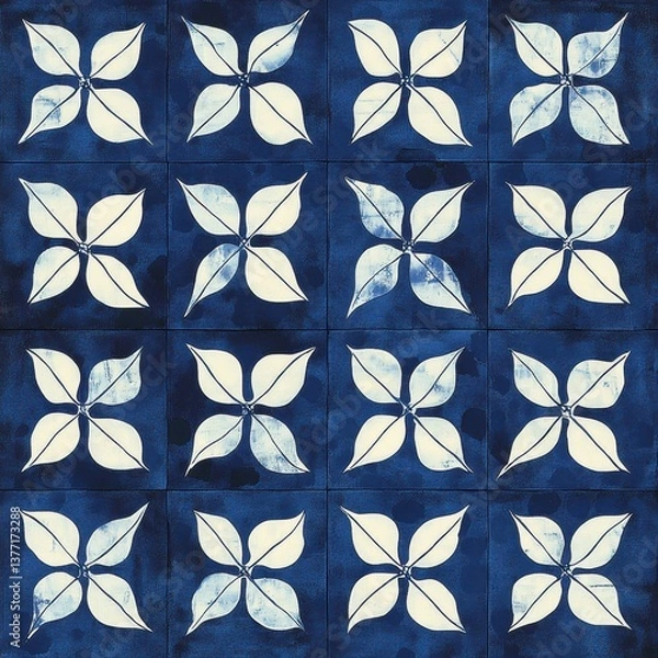 Fototapeta Intricate blue and white pattern featuring a cyanotype morning glory quilt design with artistic cuneiform elements