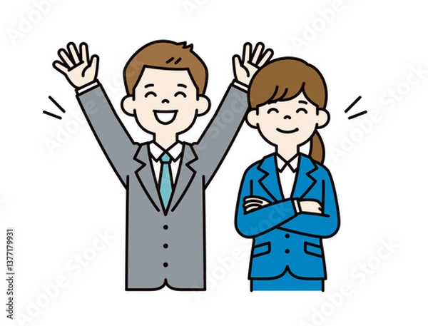 Fototapeta 笑顔で大喜びする、若い男女の会社員のベクターイラスト素材＿＿線の編集可能＿カラー