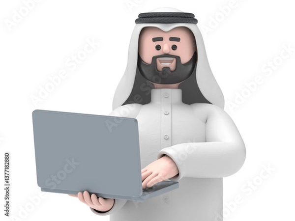 Fototapeta 3D illustration of standing happy man holding laptop. Portraits of cartoon characters using computer.Supports PNG files with transparent backgrounds.