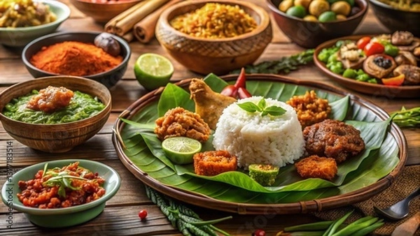 Fototapeta Delicious Indonesian Nasi Uduk Breakfast Feast with Diverse Side Dishes - Tilt-Shift Photography