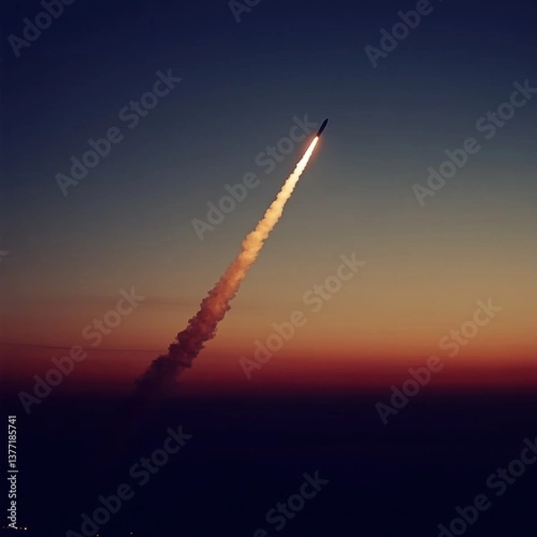 Fototapeta Dynamic photorealistic image of a rocket launching into the sky against a bright blue background emphasizing motion
