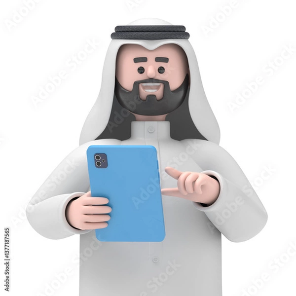 Fototapeta 3D Illustration of smiling Arab man Hadi holding table.Transparent Background Mockup.Supports PNG files with transparent backgrounds.