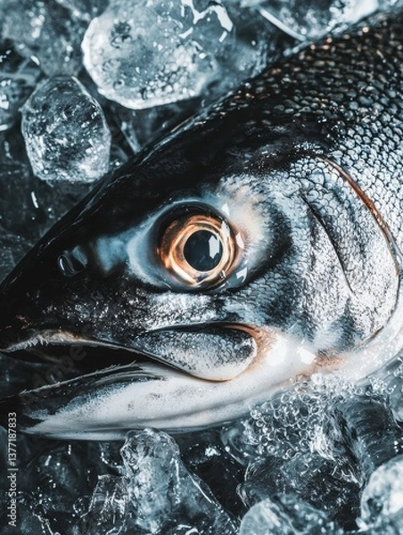 Fototapeta Stunning fresh salmon fish resting on a bed of ice with sparkling drops set against a dark background for visual appeal