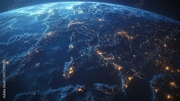 Fototapeta Global Connectivity Through Artificial Intelligence and Computation Visualization Over Europe and Asia