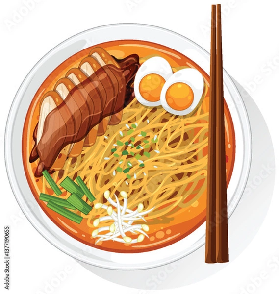 Obraz Vector Illustration of Asian Ramen Bowl with Toppings