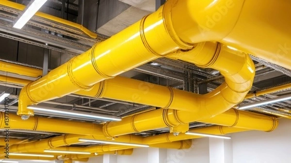 Fototapeta Yellow industrial pipes in a modern facility for plumbing applications highlighting the complexity of infrastructure
