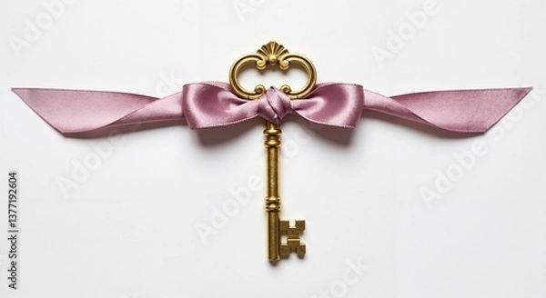 Obraz Vintage gold key with pink ribbon on white background