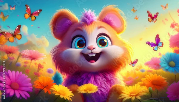 Obraz A cheerful, cartoonish creature surrounded by colorful flowers and butterflies in a vibrant landscape