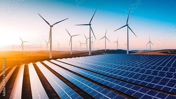 Fototapeta Wind Turbines and Solar Panels from Far Distance – Renewable Energy Landscape, Clean Power Generation