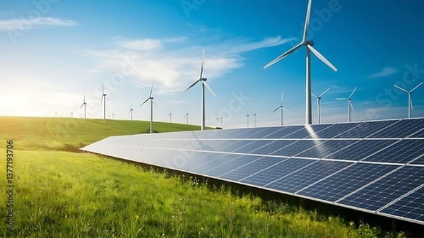 Fototapeta Wind Turbines and Solar Panels in Green Field Landscape – Renewable Energy and Sustainable Power Generation