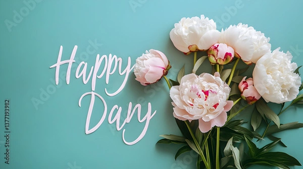 Obraz un fondo azul claro con espacio de copia con un ramo de flores elegantes y las palabras de feliz dia para tarjeta del dia de la madre o de cumpleaños