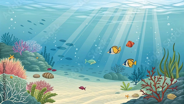 Fototapeta Underwater waves with rays of light penetrating and exotic sea creatures, AI