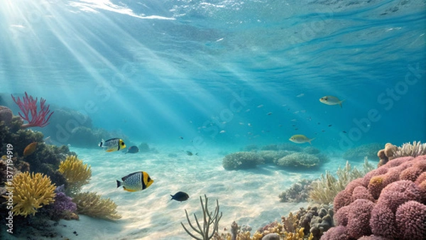 Fototapeta Underwater waves with rays of light penetrating and exotic sea creatures, AI