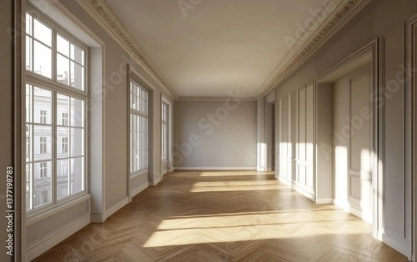 Fototapeta Empty spacious hallway, sunlight streaming through large windows