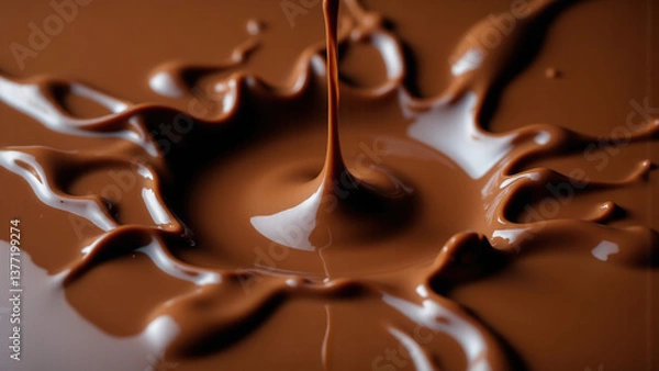 Fototapeta Tempting Chocolate: Flowing and Splashing Chocolate Liquid Creates an Inviting Scene.advertisement,dessert food creativity,banner, card,copy text space.