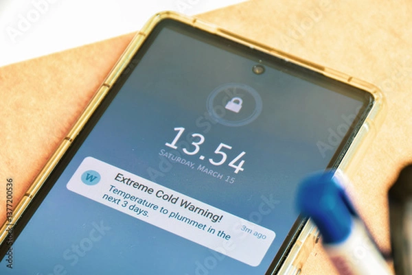 Fototapeta Extreme Cold Warning weather alerts on mobile screen. Real-time mobile notifications push technology concept. Selective focus.