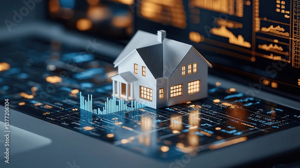 Fototapeta detailed 3D scene features white house model on digital financial interface, with graphs and data charts in background, symbolizing real estate market analysis