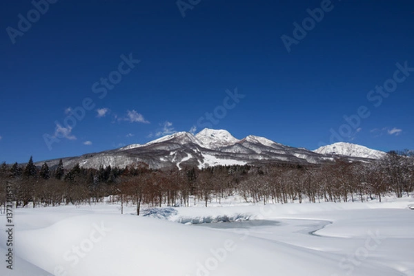 Obraz 晴の冬 一面雪景色の妙高高原 凍結したいもり池と雪をいただく妙高山