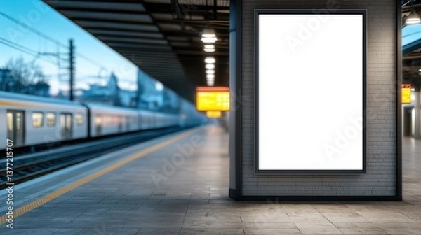 Fototapeta Spacious train station platform with an empty illuminated billboard display for advertising or promotional content