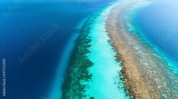 Fototapeta A breathtaking aerial view of a coral atoll, the shallow turquoise waters contrasting with the deep blue ocean