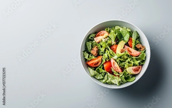 Fototapeta Fresh green salad with tomatoes, avocado, and walnuts in a bowl on a gray background. Healthy food concept
