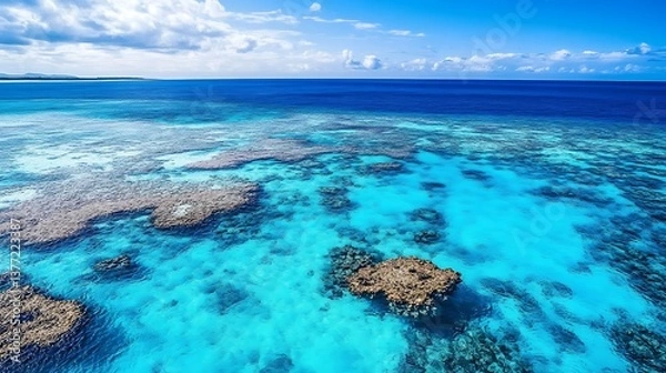 Fototapeta A breathtaking aerial view of a coral atoll, the shallow turquoise waters contrasting with the deep blue ocean