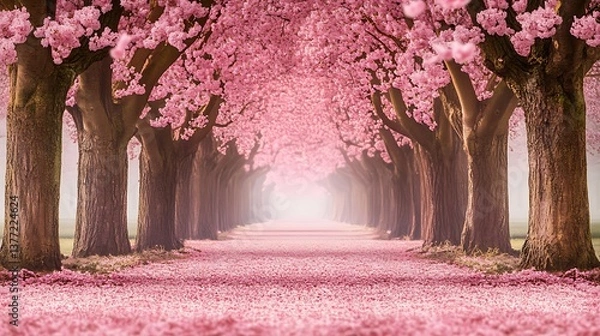 Fototapeta A breathtaking avenue lined with cherry blossom trees in full bloom, soft pink petals floating through the air