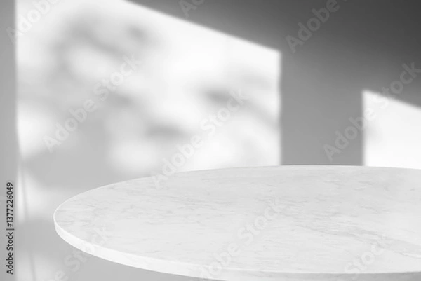 Fototapeta Round marble table top with tree leaves shadow drop on white wall background for mockup product display