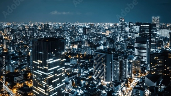 Fototapeta Elevated Night View of a Dense City Skyline with Illuminated Buildings