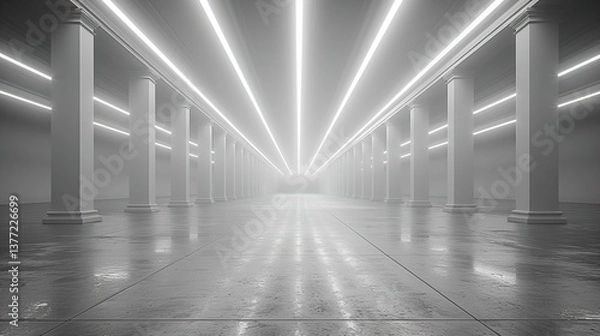 Fototapeta A 3D white room with ceiling lights casting stripes of light across space  