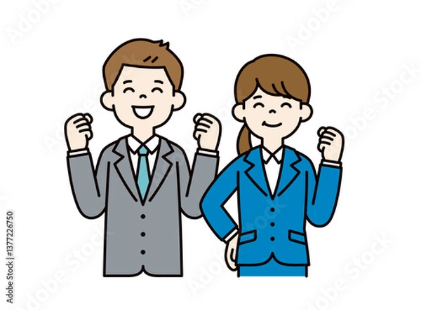 Fototapeta 笑顔でガッツポーズをする、若い男女の会社員のベクターイラスト素材＿＿線の編集可能＿カラー