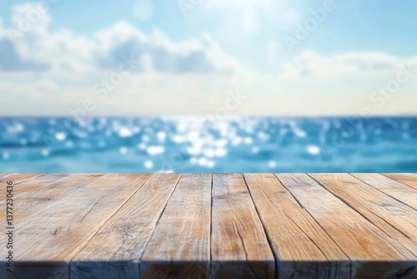 Fototapeta Empty wooden table on a beach, blur background