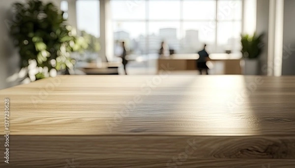 Fototapeta Light-filled modern office reception area, featuring a light wooden table top