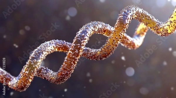 Fototapeta Detailed 3D Rendering of a DNA Double Helix Molecule with Gold and Brown Particles on a Dark Background